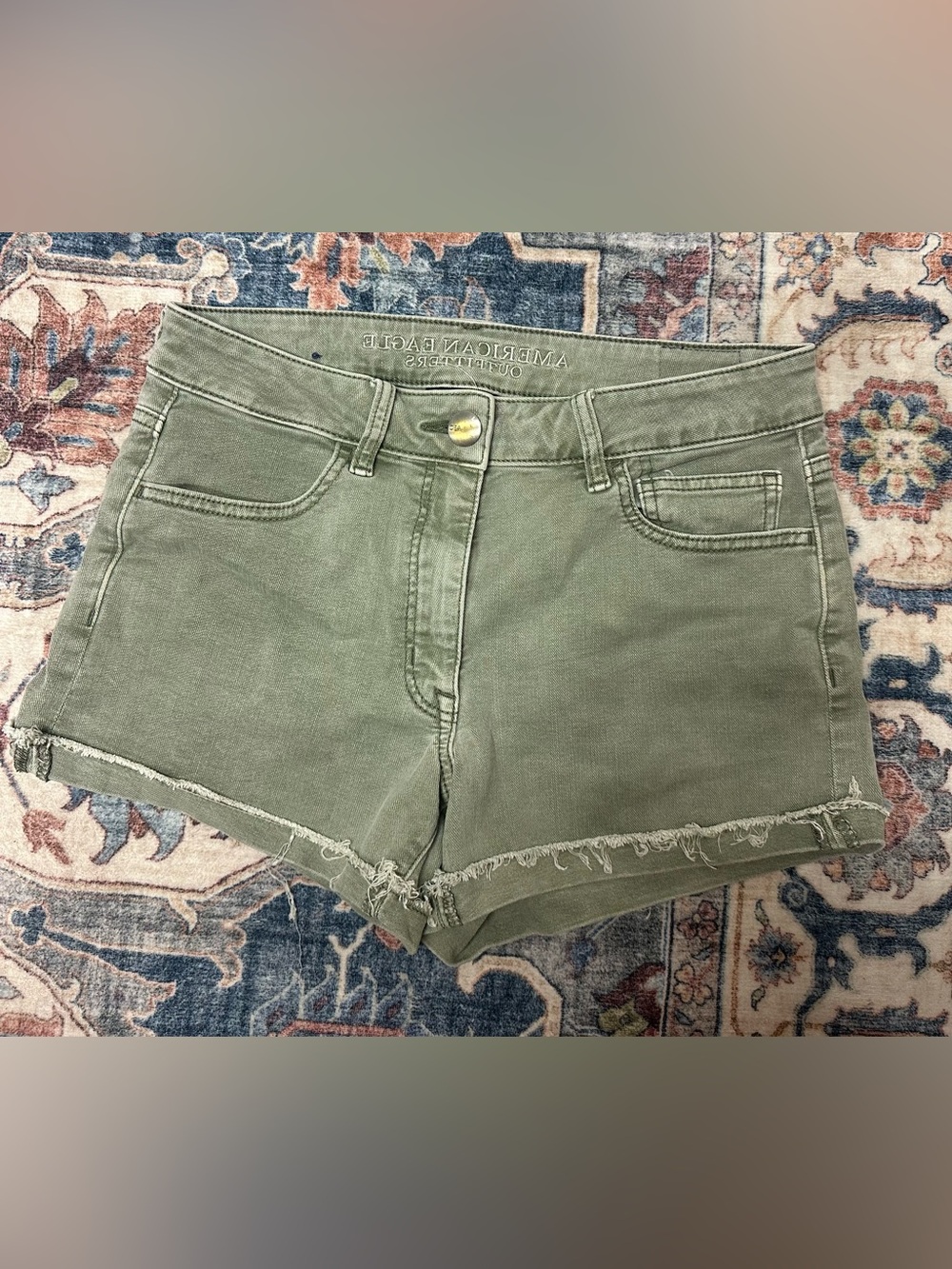 American Eagle Outfitters Olive Green Frayed Hem Jean Shorts